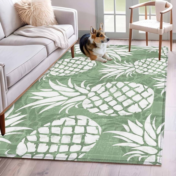 Rectangle Area Rug 4x6ft, Summer Pineapple Sage Green Non-Shedding Washable Area Rug, Farm Fruit Harvest Non Slip Low-Profile Rugs for Living Room, Bedroom Dining Room