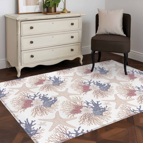 Rectangle Area Rug 4x6ft,Summer Sea Starfish Coral Washable Carpet Non-Slip Runner Accent Rugs Indoor Floor Mat for Bedroom Living Room Decor,Abstract Marine Life