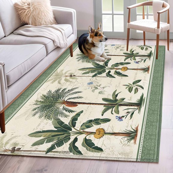 Rectangle Area Rug 4x6ft, Summer Tropical Palm Tree Non-Slip Non-Shedding Floor Mat, Green Border Weathered Textures Washable Sturdy Carpet for Living Room Bedroom Home Decor
