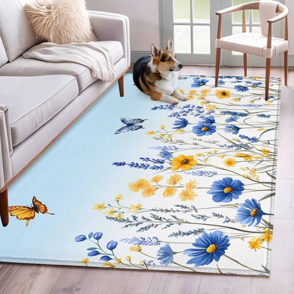 Rectangle Area Rug 4x6ft, Summer Watercolor Lavender Flower Butterfly Non-Shedding Washable Area Rug, Blue Sky Non Slip Low-Profile Rugs for Living Room, Bedroom Dining Room