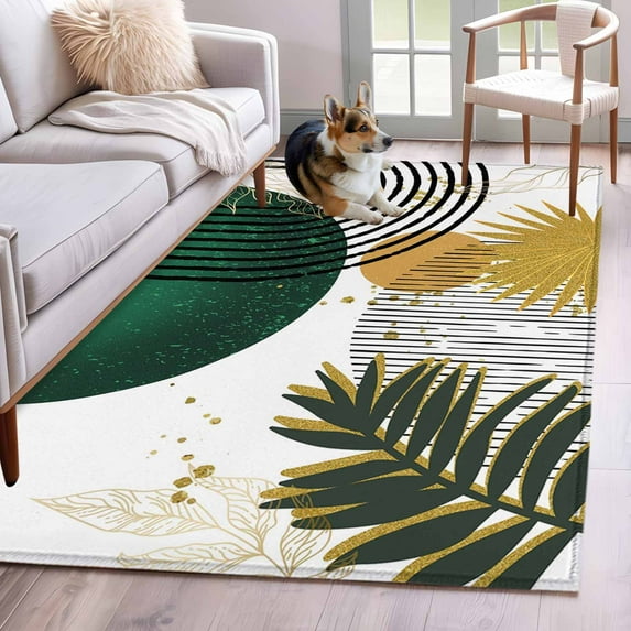 Rectangle Area Rug 4x6ft, Sun Arch Stripe Abstract Leaves Non-Shedding Washable Area Rug, Color Block Boho Style Non Slip Low-Profile Rugs for Living Room, Bedroom Dining Room