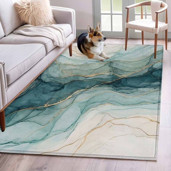 Rectangle Area Rug 4x6ft, Teal Beige Ombre Marble Texture Non-Slip Non-Shedding Floor Mat, Abstract Stone Gold Stripes Washable Sturdy Carpet for Living Room Bedroom Home Decor