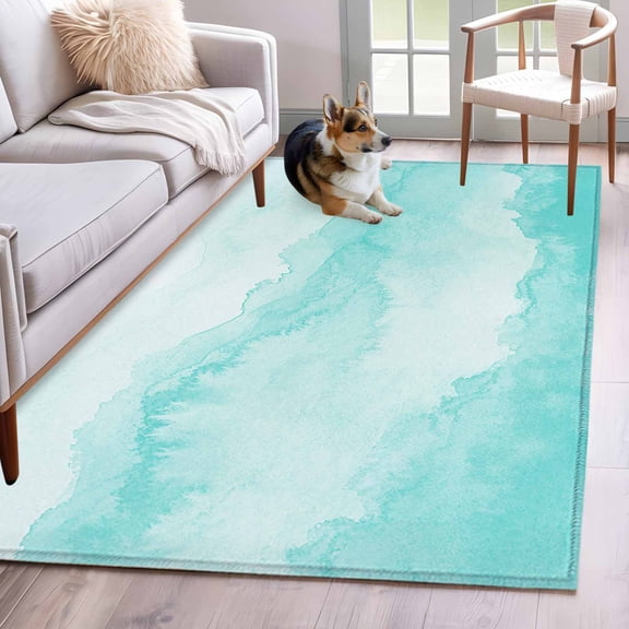 Rectangle Area Rug 4x6ft, Teal Gradient Ripple Non-Shedding Washable Area Rug, Turquoise Ombre Non Slip Low-Profile Rugs for Living Room, Bedroom Dining Room