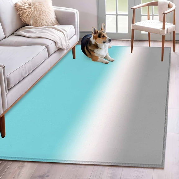 Rectangle Area Rug 4x6ft, Teal to Gray Gradient Non-Slip Non-Shedding Floor Mat, Turquoise Ombre Watercolor Washable Sturdy Carpet for Living Room Bedroom Home Decor