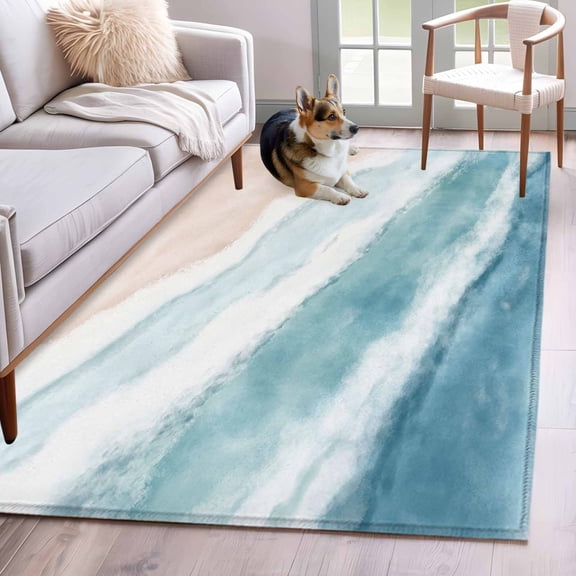 Rectangle Area Rug 4x6ft, Teal Ombre Marine Beach Scene Non-Shedding Washable Area Rug, Abstract Ocean Waves Non Slip Low-Profile Rugs for Living Room, Bedroom Dining Room