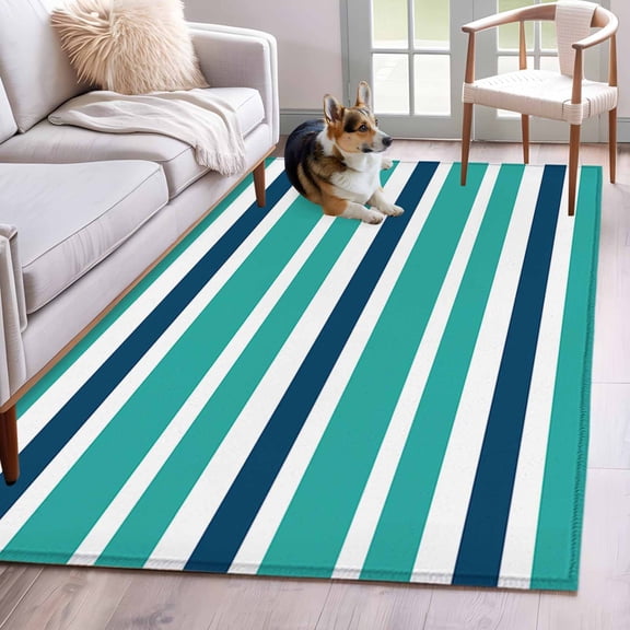 Rectangle Area Rug 4x6ft, Teal White Blue Stripes Non-Slip Non-Shedding Floor Mat, Nautical Army Style Washable Sturdy Carpet for Living Room Bedroom Home Decor