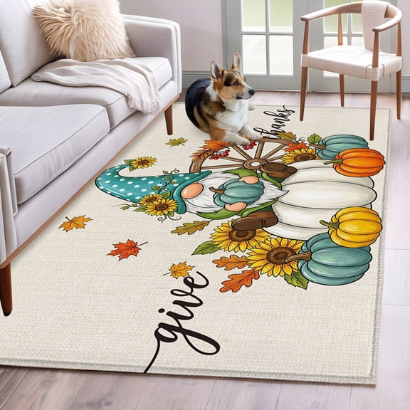 Rectangle Area Rug 4x6ft, Thanksgiving Farm Pumpkins Gnome Non-Shedding Washable Area Rug, Fall Maple Leaves Non Slip Low-Profile Rugs for Living Room, Bedroom Dining Room