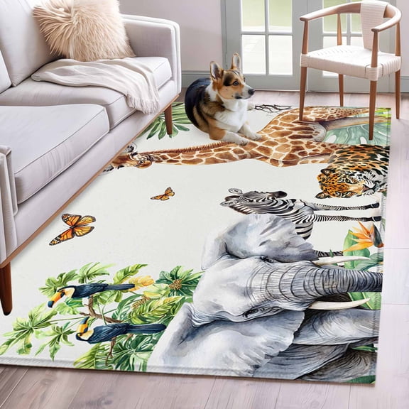 Rectangle Area Rug 4x6ft, Tiger Elephant Giraffe Animal Non-Shedding Washable Area Rug, Tropical Jungle Green Leaves Non Slip Low-Profile Rugs for Living Room, Bedroom Dining Room