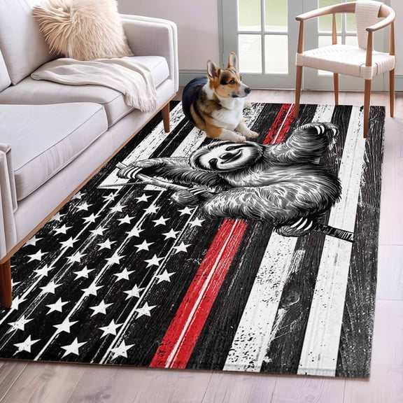 Rectangle Area Rug 4x6ft, USA Flag Red Line Firefighter with Sloth Non-Slip Non-Shedding Floor Mat, Wooden Texture Washable Sturdy Carpet for Living Room Bedroom Home Decor
