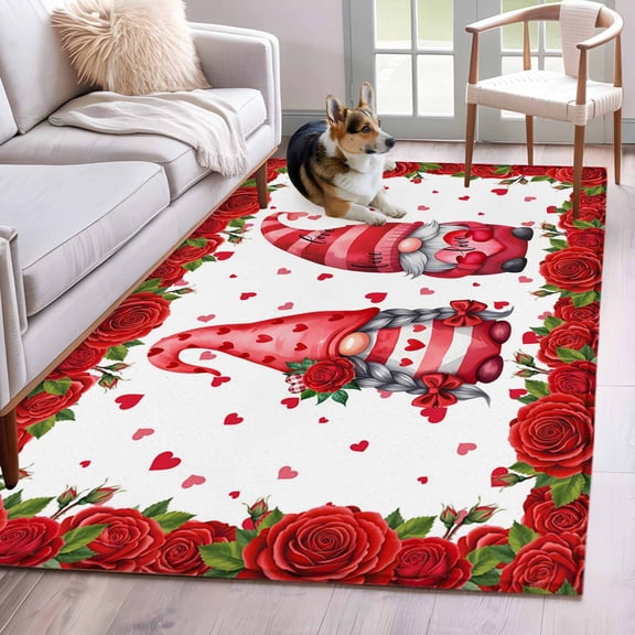 Rectangle Area Rug 4x6ft, Valentine's Day Dwarf Red Flower Non-Shedding Washable Area Rug, Rose Floral Heart Shape Non Slip Low-Profile Rugs for Living Room, Bedroom Dining Room
