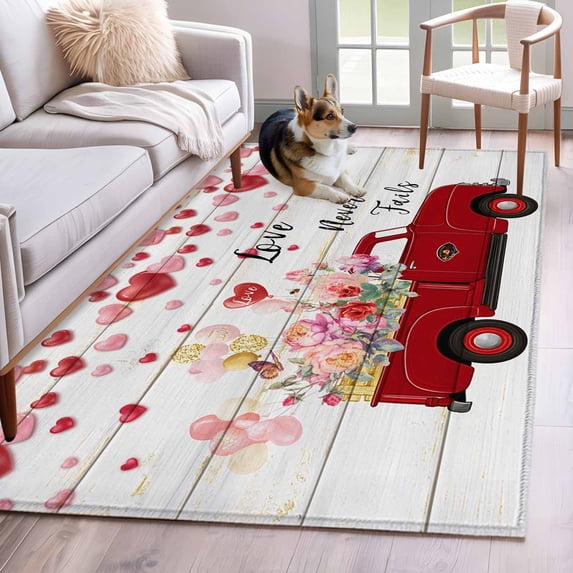 Rectangle Area Rug 4x6ft, Valentine's Day Red Truck Roses Wood Grain Non-Slip Non-Shedding Floor Mat, Love Balloons Washable Sturdy Carpet for Living Room Bedroom Home Decor