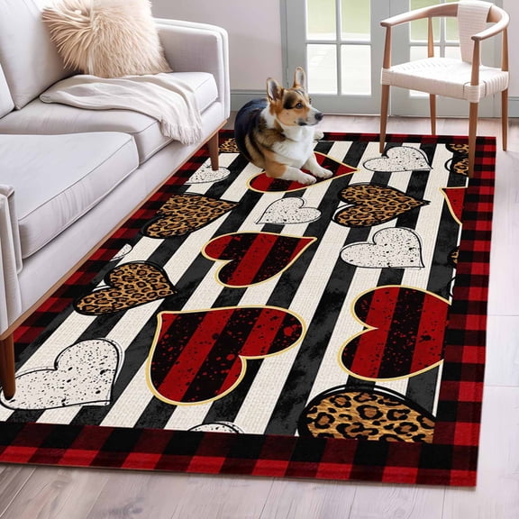 Rectangle Area Rug 4x6ft, Valentines Buffalo Plaid Red Border Non-Shedding Washable Area Rug, Leopard Print Check Love Heart Non Slip Low-Profile Rugs for Living Room, Bedroom Dining Room