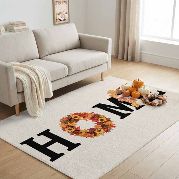 Rectangle Area Rug 4x6ft, Vintage Autumn Maple Leaves Non-Shedding Washable Area Rug, Home Words on Linen Non Slip Low-Profile Rugs for Living Room, Bedroom Dining Room