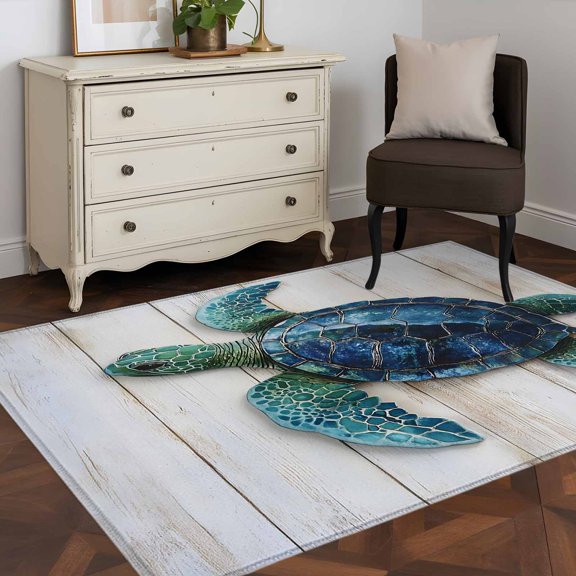 Rectangle Area Rug 4x6ft,Vintage Ocean Sea Turtle on Wood Grain Washable Carpet Non-Slip Runner Accent Rugs Indoor Floor Mat for Bedroom Living Room Decor,Marine Life
