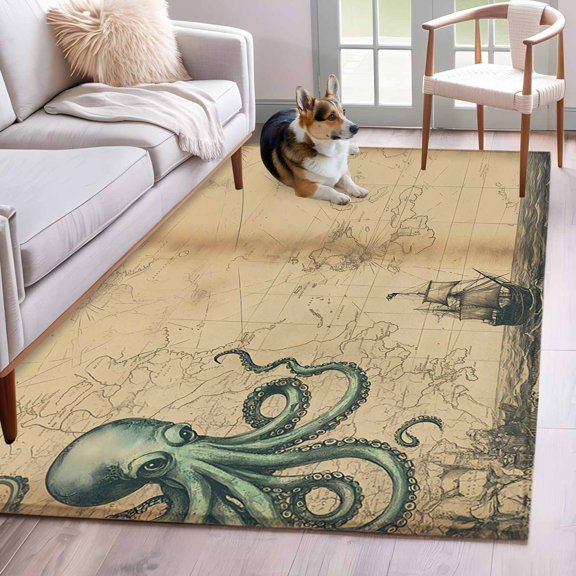 Rectangle Area Rug 4x6ft, Vintage World Map Ocean Octopus Non-Slip Non-Shedding Floor Mat, Nautical Sailing Boat Brown Washable Sturdy Carpet for Living Room Bedroom Home Decor