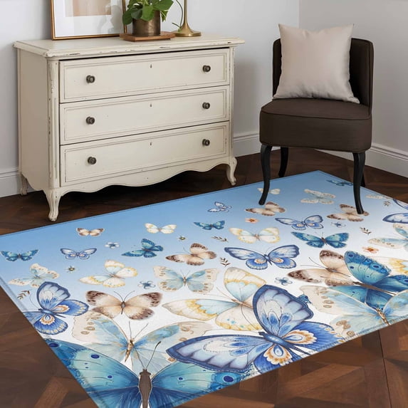 Rectangle Area Rug 4x6ft,Watercolor Butterfly Animal Washable Carpet Non-Slip Runner Accent Rugs Indoor Floor Mat for Bedroom Living Room Decor,Blue Gradient