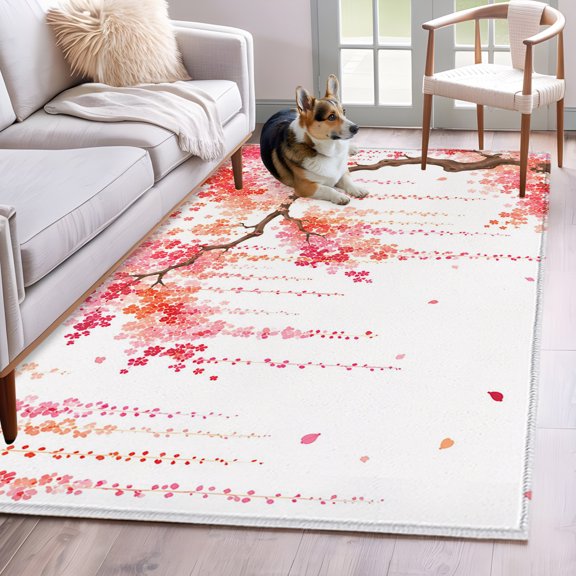 Rectangle Area Rug 4x6ft, Watercolor Cherry Blossom Non-Slip Non-Shedding Floor Mat, Pink Coral Flower Petals Washable Sturdy Carpet for Living Room Bedroom Home Decor