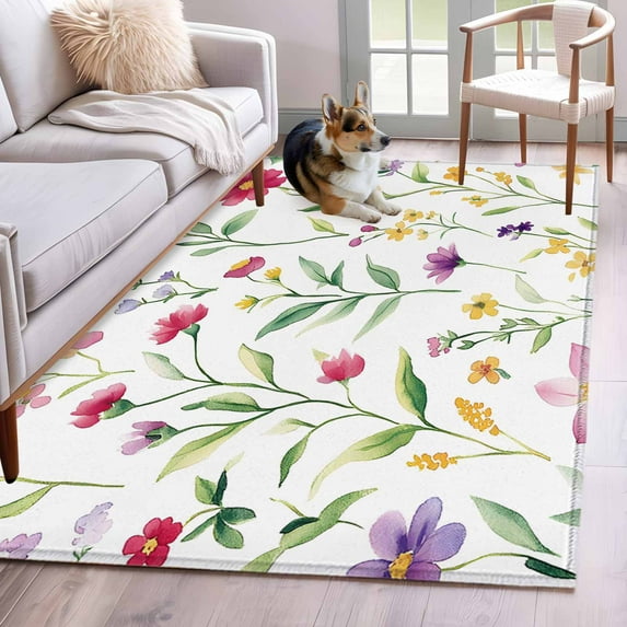 Rectangle Area Rug 4x6ft, Watercolor Flowers on White Non-Shedding Washable Area Rug, Pastoral Yellow Red Floral Non Slip Low-Profile Rugs for Living Room, Bedroom Dining Room