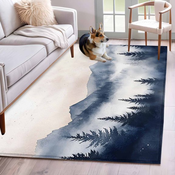 Rectangle Area Rug 4x6ft, Watercolor Mountain Peak Forest Non-Shedding Washable Area Rug, Foggy Wild Nature Landscape Non Slip Low-Profile Rugs for Living Room, Bedroom Dining Room