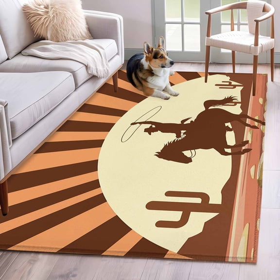 Rectangle Area Rug 4x6ft, Western Cowboy American Wild West Non-Shedding Washable Area Rug, Cowboys Riding Horse in Desert Non Slip Low-Profile Rugs for Living Room, Bedroom Dining Room
