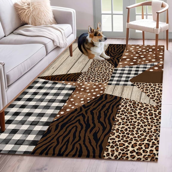 Rectangle Area Rug 4x6ft, Western Star Collage Non-Shedding Washable Area Rug, Leopard Black Plaid Tiger Stripe Non Slip Low-Profile Rugs for Living Room, Bedroom Dining Room