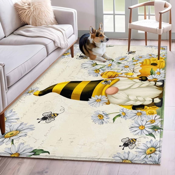 Rectangle Area Rug 4x6ft, White Daisy Pastoral Gnome Bee Non-Slip Non-Shedding Floor Mat, Summer Honey Hive Washable Sturdy Carpet for Living Room Bedroom Home Decor