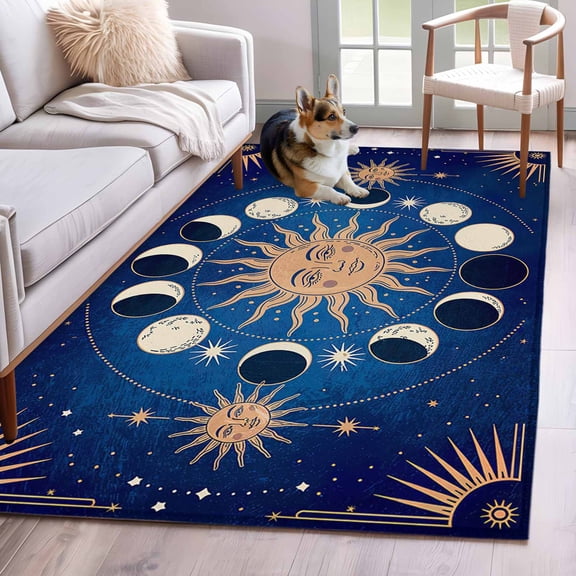 Rectangle Area Rug 4x6ft, White Moon Sun Blue Background Non-Slip Non-Shedding Floor Mat, Funny Universe Stars Washable Sturdy Carpet for Living Room Bedroom Home Decor