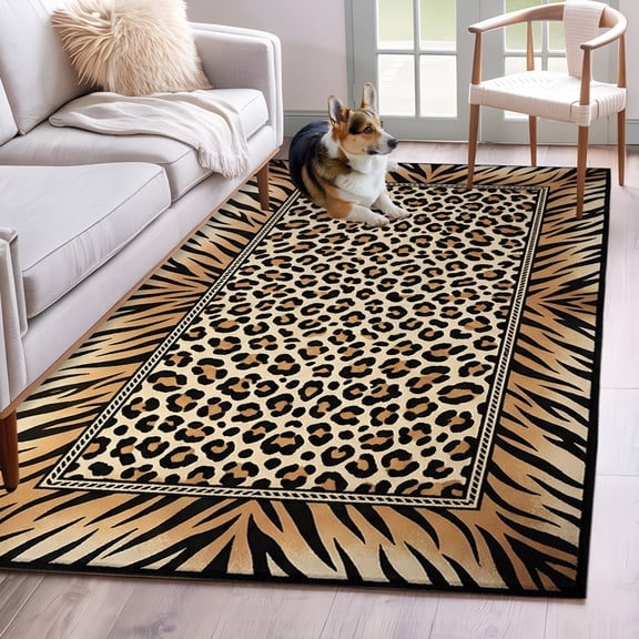 Rectangle Area Rug 4x6ft, Wildlife Leopard Spots Tiger Print Non-Slip Non-Shedding Floor Mat, Animal Brown Texture Washable Sturdy Carpet for Living Room Bedroom Home Decor