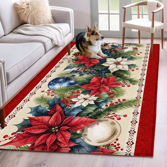 Rectangle Area Rug 4x6ft, Xmas Poinsettia Fir Leaves on Red Non-Shedding Washable Area Rug, Christmas Pine Cones Berry Non Slip Low-Profile Rugs for Living Room, Bedroom Dining Room