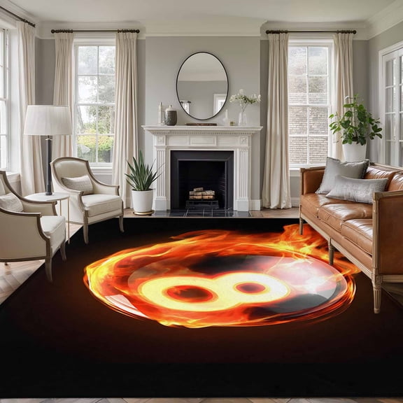 Rectangle Area Rug 5x7ft,Billiards Flame Black Eight Living Room Rug Non-Slip Washable Circle Rugs Pad,Abstract Sport Ball Soft Floor Carpet for Bedroom Dining Room