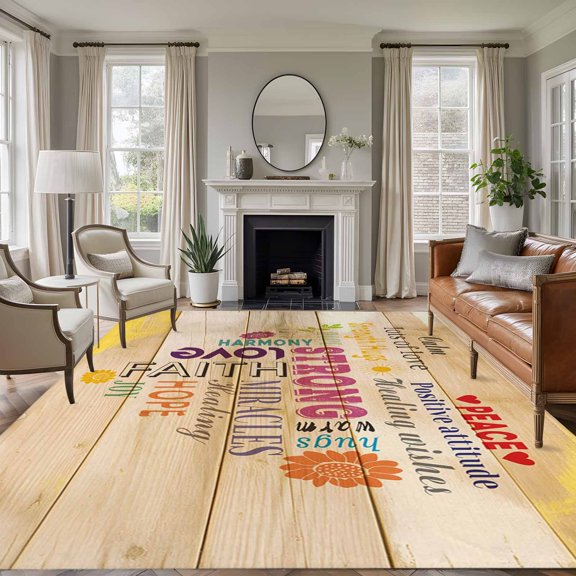 Rectangle Area Rug 5x7ft,Colorful Inspiration Quotes Love Heart Design Living Room Rug Non-Slip Washable Circle Rugs Pad,Wood Plank Soft Floor Carpet for Bedroom Dining Room