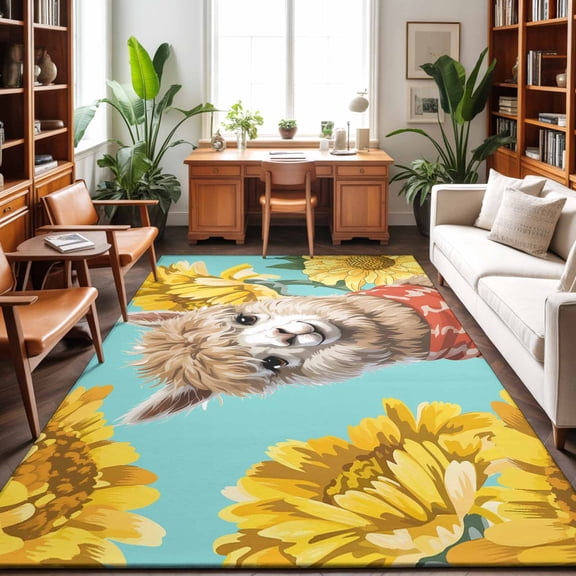 Rectangle Area Rug 5x7ft,Farm Watercolor Sunflower Alpaca Living Room Rug Non-Slip Washable Circle Rugs Pad,Animal Floral on Teal Soft Floor Carpet for Bedroom Dining Room