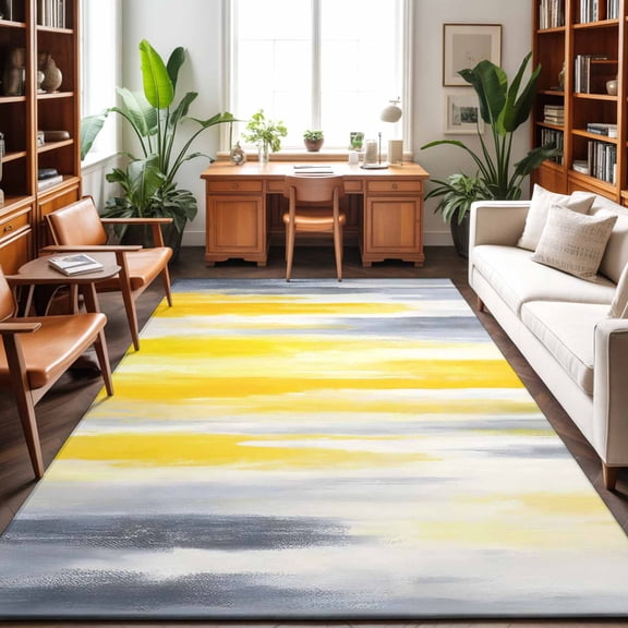 Rectangle Area Rug 5x7ft,Grey Yellow Abstract Texture Living Room Rug Non-Slip Washable Circle Rugs Pad,Retro Graffiti Soft Floor Carpet for Bedroom Dining Room