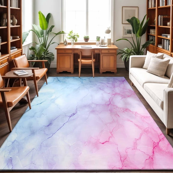 Rectangle Area Rug 5x7ft,Natural Marble Agate Stone Texture Living Room Rug Non-Slip Washable Circle Rugs Pad,Pink Blue Gradient Soft Floor Carpet for Bedroom Dining Room