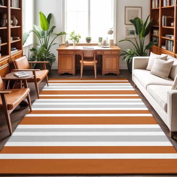 Rectangle Area Rug 5x7ft,Orange Gray Vertical Striped Living Room Rug Non-Slip Washable Circle Rugs Pad,Classic Geometric Line Soft Floor Carpet for Bedroom Dining Room