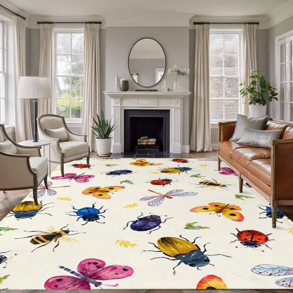 Rectangle Area Rug 5x7ft,Spring Dragonflies Butterflies Small Grasses Living Room Rug Non-Slip Washable Circle Rugs Pad,Ladybirds Soft Floor Carpet for Bedroom Dining Room