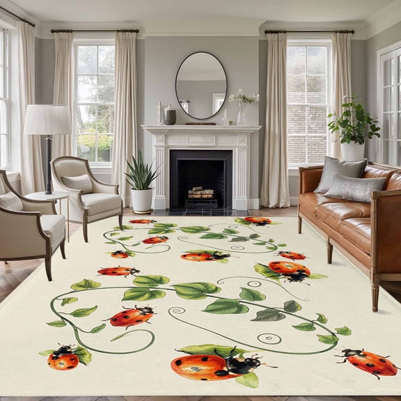 Rectangle Area Rug 5x7ft,Spring Seven Star Ladybirds on Beige Living Room Rug Non-Slip Washable Circle Rugs Pad,Green Leaves Soft Floor Carpet for Bedroom Dining Room