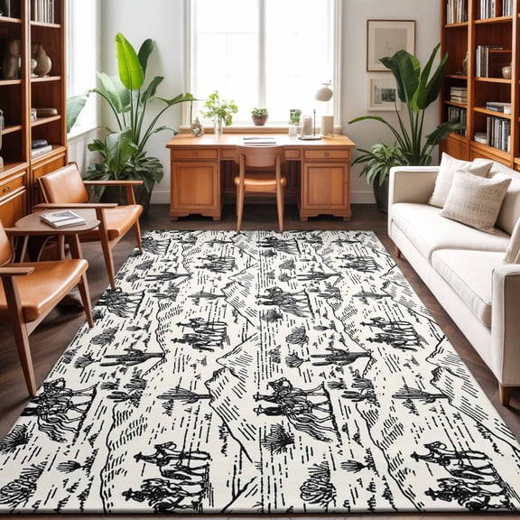 Rectangle Area Rug 5x7ft,Western Cowboys Abstract Cactus Living Room Rug Non-Slip Washable Circle Rugs Pad,Desert Theme Vintage Soft Floor Carpet for Bedroom Dining Room