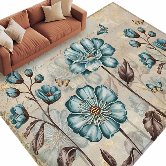 Rectangle Area Rug 5x8ft,Bohemian Teal Floral Rustic Tulip Washable Carpet Non-Slip Runner Accent Rugs Indoor Floor Mat for Bedroom Living Room Decor,Watercolor Butterfly Vintage