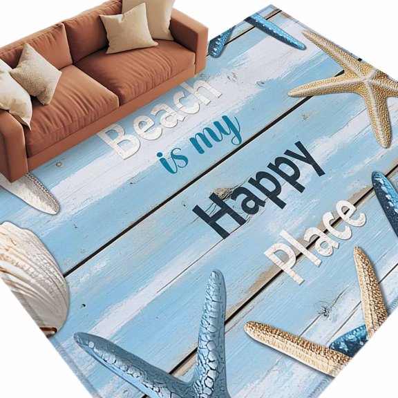 Rectangle Area Rug 5x8ft,Coastal Ocean Starfish Shell on Blue Wood Washable Carpet Non-Slip Runner Accent Rugs Indoor Floor Mat for Bedroom Living Room Decor,Summer Beach Theme