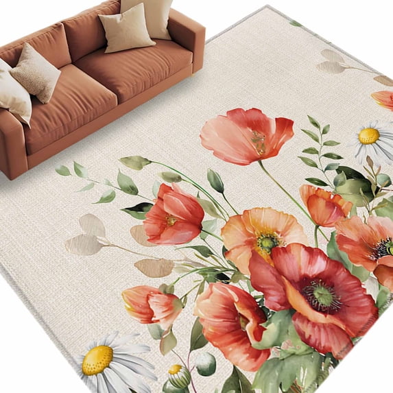 Rectangle Area Rug 5x8ft,Country Poppy Watercolor Red Washable Carpet Non-Slip Runner Accent Rugs Indoor Floor Mat for Bedroom Living Room Decor,Daisy Leaves Vintage Linen