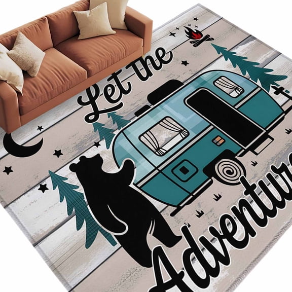 Rectangle Area Rug 5x8ft,Farmhouse Bear Camper Van Tree Washable Carpet Non-Slip Runner Accent Rugs Indoor Floor Mat for Bedroom Living Room Decor,Vintage Wood Grain