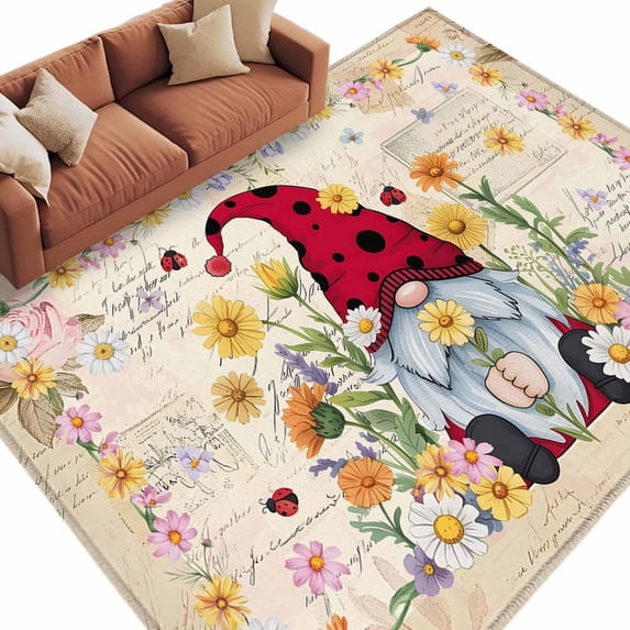 Rectangle Area Rug 5x8ft,Ladybug Dwarf Daisy Flower Watercolor Washable Carpet Non-Slip Runner Accent Rugs Indoor Floor Mat for Bedroom Living Room Decor,Watercolor Floral Retro Letter