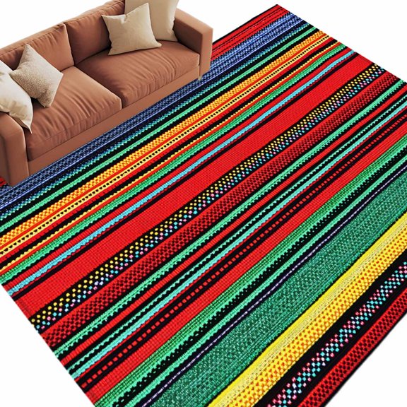 Rectangle Area Rug 5x8ft,Mexican Colorful Stripes Washable Carpet Non-Slip Runner Accent Rugs Indoor Floor Mat for Bedroom Living Room Decor,Rainbow Lines Ethnic Style