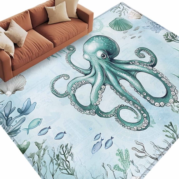 Rectangle Area Rug 5x8ft,Ocean Octopus Shell Seaweed Washable Carpet Non-Slip Runner Accent Rugs Indoor Floor Mat for Bedroom Living Room Decor,Sea Monster Underwater World