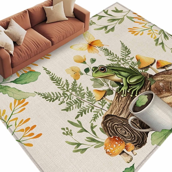 Rectangle Area Rug 5x8ft,Pastoral Coffee Frog Mushroom Washable Carpet Non-Slip Runner Accent Rugs Indoor Floor Mat for Bedroom Living Room Decor,Retro Bread on Linen