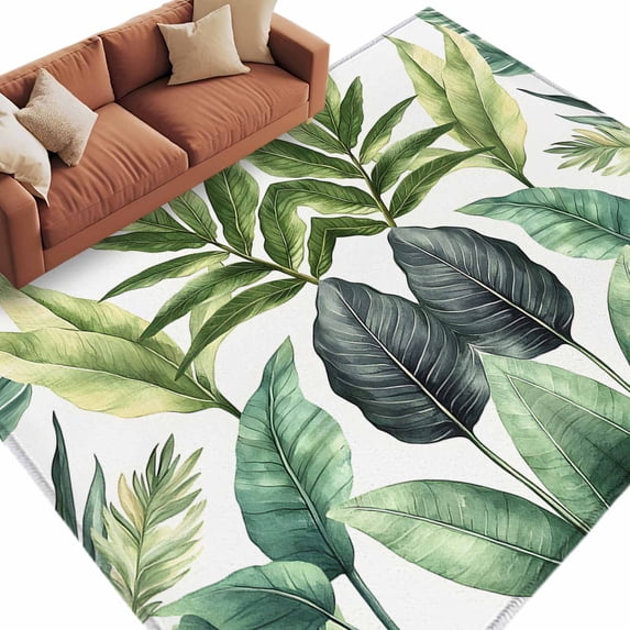 Rectangle Area Rug 5x8ft,Summer Green Tropical Palm Leaves Washable Carpet Non-Slip Runner Accent Rugs Indoor Floor Mat for Bedroom Living Room Decor,Watercolor Plant