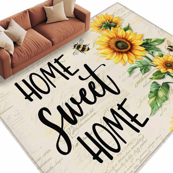 Rectangle Area Rug 5x8ft,Watercolor Sunflower Green Leaves Washable Carpet Non-Slip Runner Accent Rugs Indoor Floor Mat for Bedroom Living Room Decor,Farm Bee Home Quote