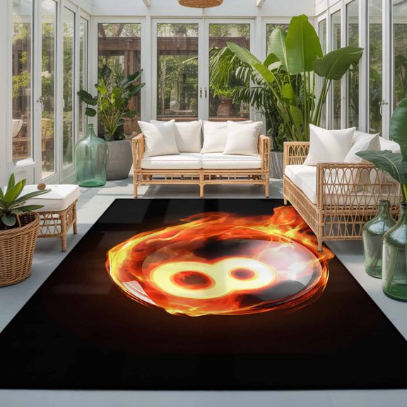 Rectangle Area Rug 6x9ft,Billiards Flame Black Eight Living Room Rug Non-Slip Washable Circle Rugs Pad,Abstract Sport Ball Soft Floor Carpet for Bedroom Dining Room