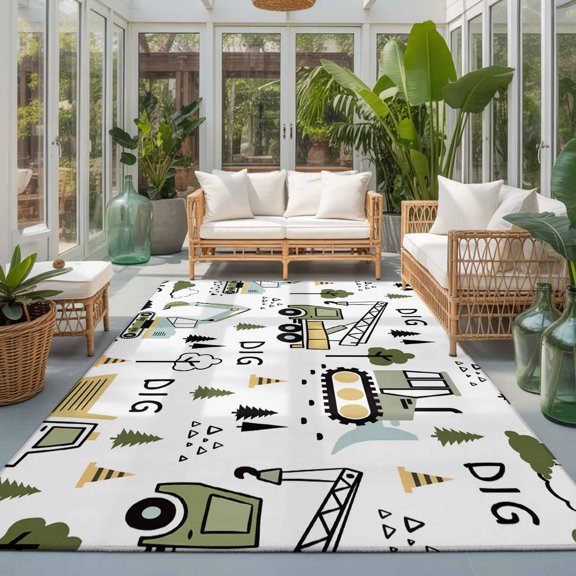 Rectangle Area Rug 6x9ft,Cartoon Tractor Digger Shovel Living Room Rug Non-Slip Washable Circle Rugs Pad,Cute Truck Car Themed Soft Floor Carpet for Bedroom Dining Room